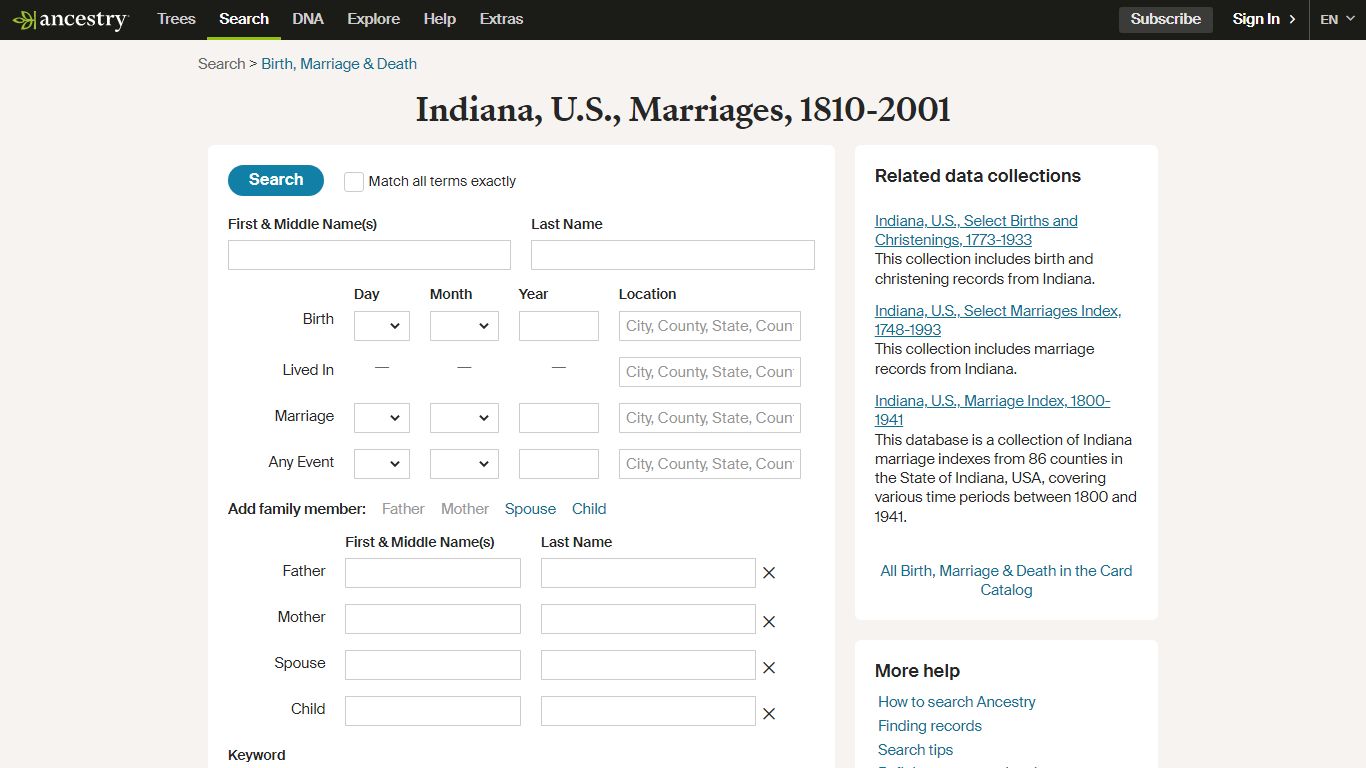 Indiana, U.S., Marriages, 1810-2001 - Ancestry